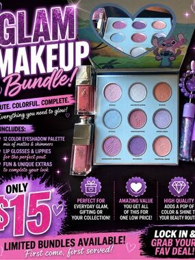 Glam Makeup Bundle - Pink & Purple Eyeshadow Palette with Pink Lip Gloss